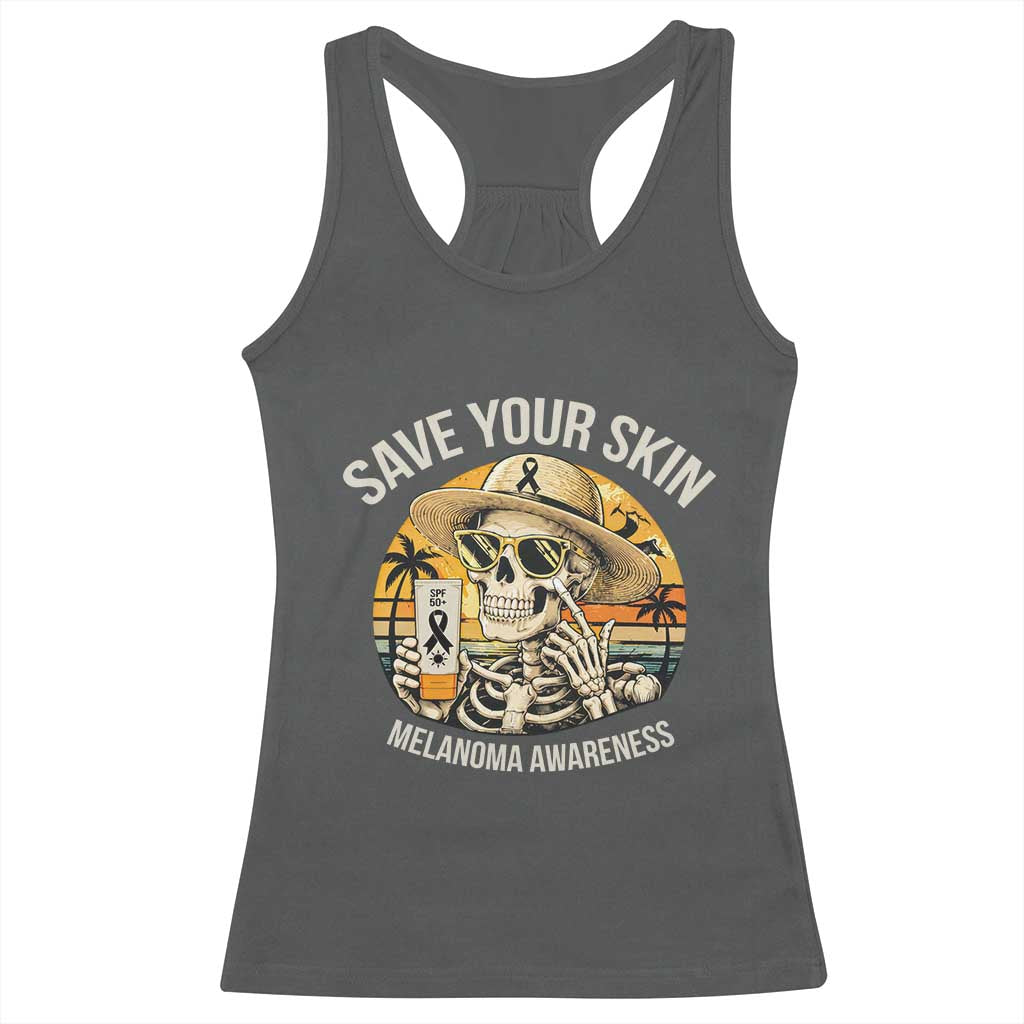 Funny Melanoma Cancer Awareness Graphic Racerback Tank Top Save Your Skin TS12 Dark Heather Print Your Wear