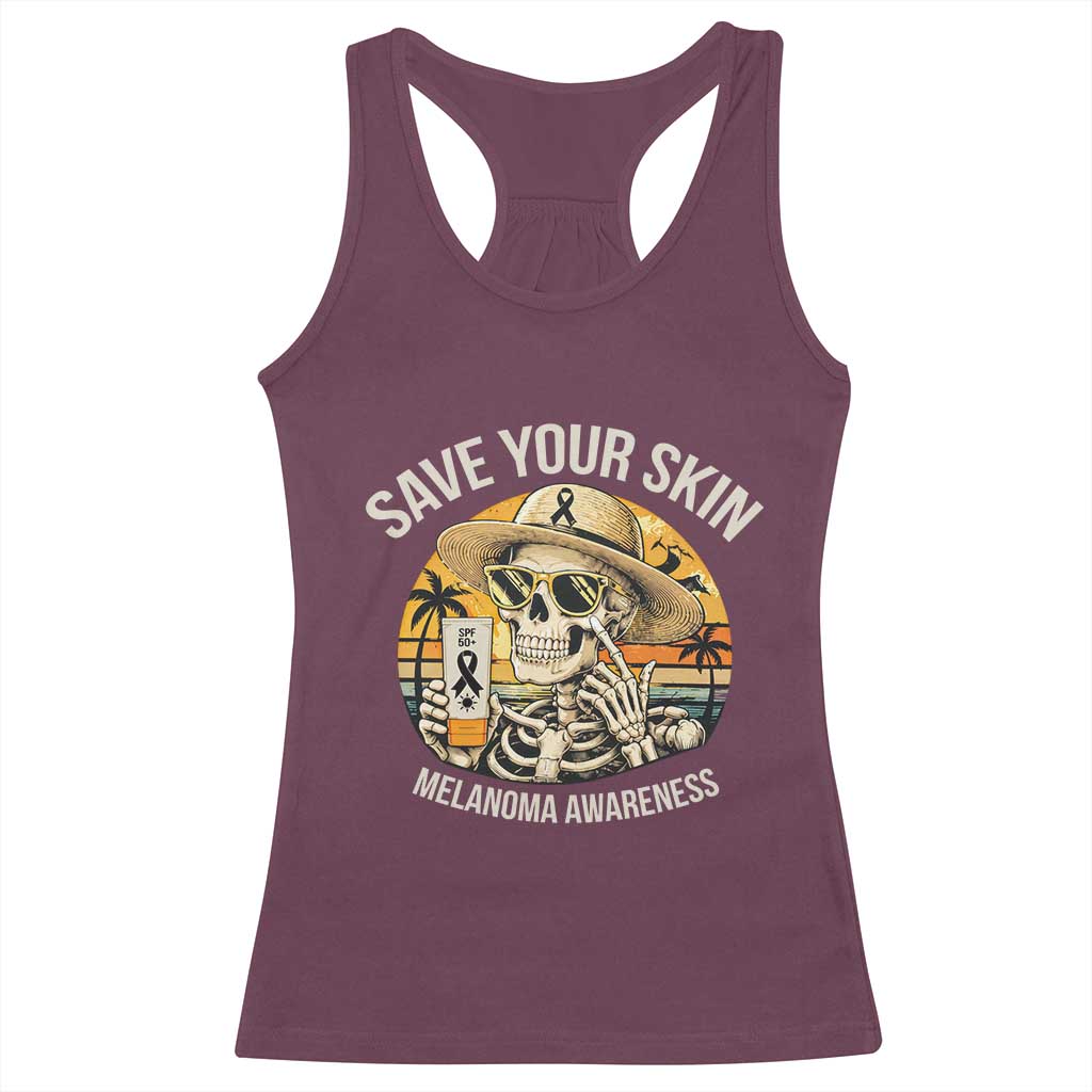 Funny Melanoma Cancer Awareness Graphic Racerback Tank Top Save Your Skin TS12 Maroon Print Your Wear