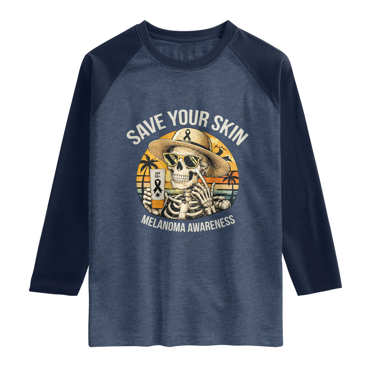 Funny Melanoma Cancer Awareness Graphic Raglan Shirt Save Your Skin TS12 Heather Denim Navy Print Your Wear