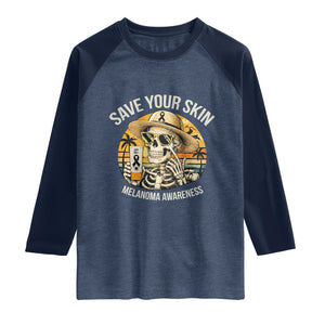 Funny Melanoma Cancer Awareness Graphic Raglan Shirt Save Your Skin TS12 Heather Denim Navy Print Your Wear