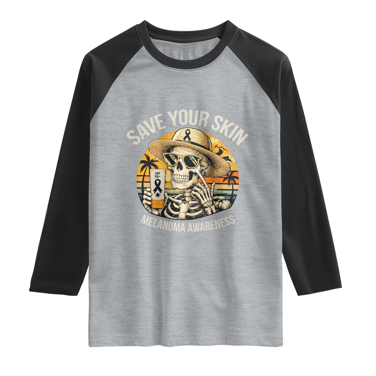 Funny Melanoma Cancer Awareness Graphic Raglan Shirt Save Your Skin TS12 Heather Gray Black Print Your Wear