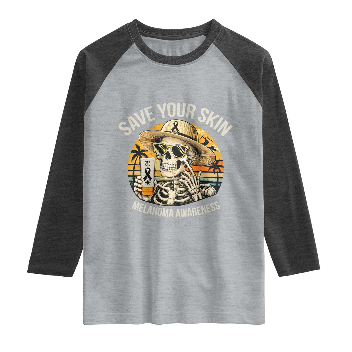 Funny Melanoma Cancer Awareness Graphic Raglan Shirt Save Your Skin TS12 Heather Gray Heather Charcoal Print Your Wear