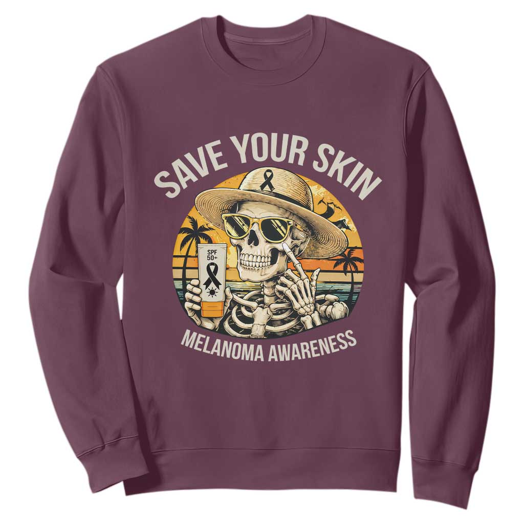Funny Melanoma Cancer Awareness Graphic Sweatshirt Save Your Skin TS12 Maroon Print Your Wear