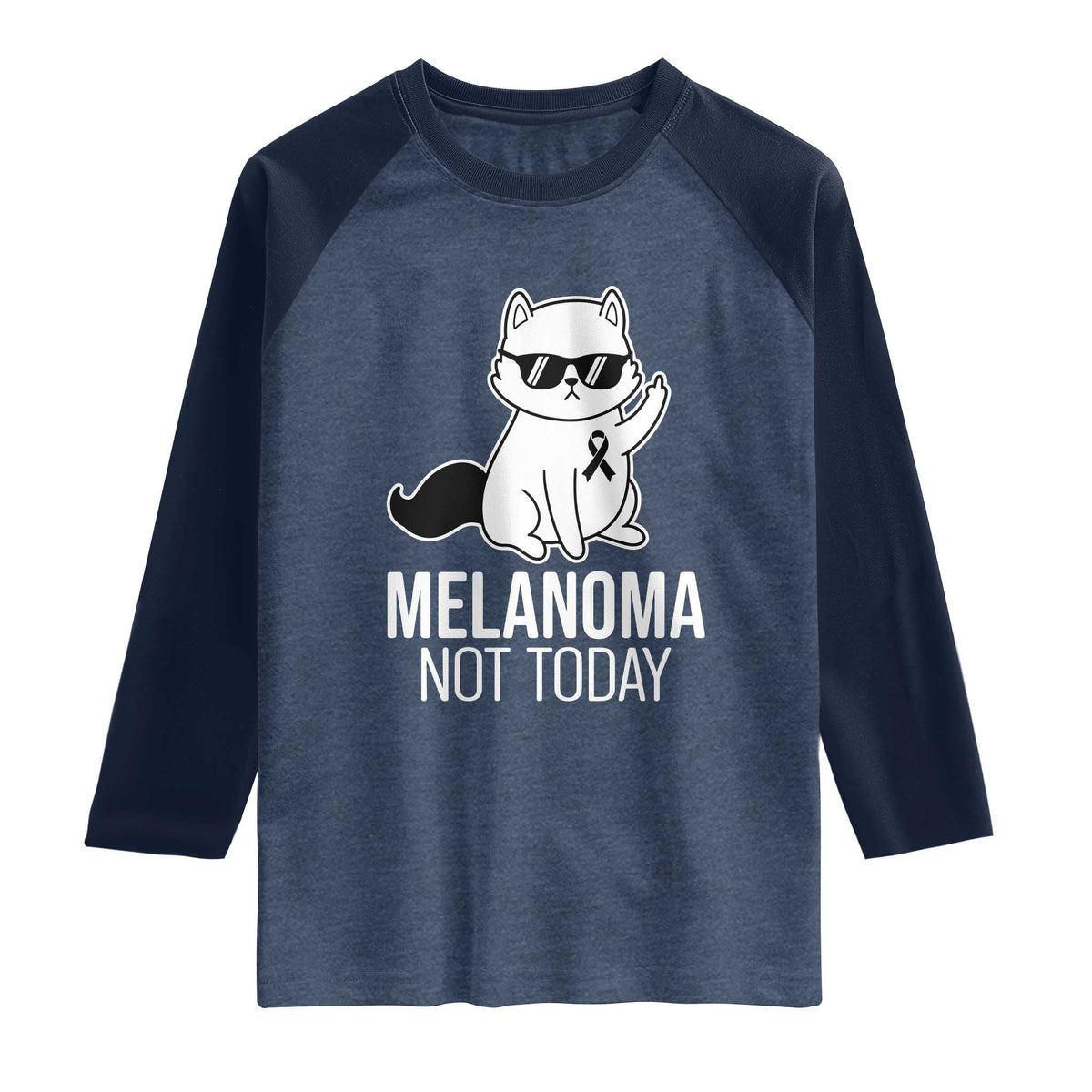 Melanoma Fighter Cat Raglan Shirt Not Today Skin Cancer Awareness TS12 Heather Denim Navy Print Your Wear
