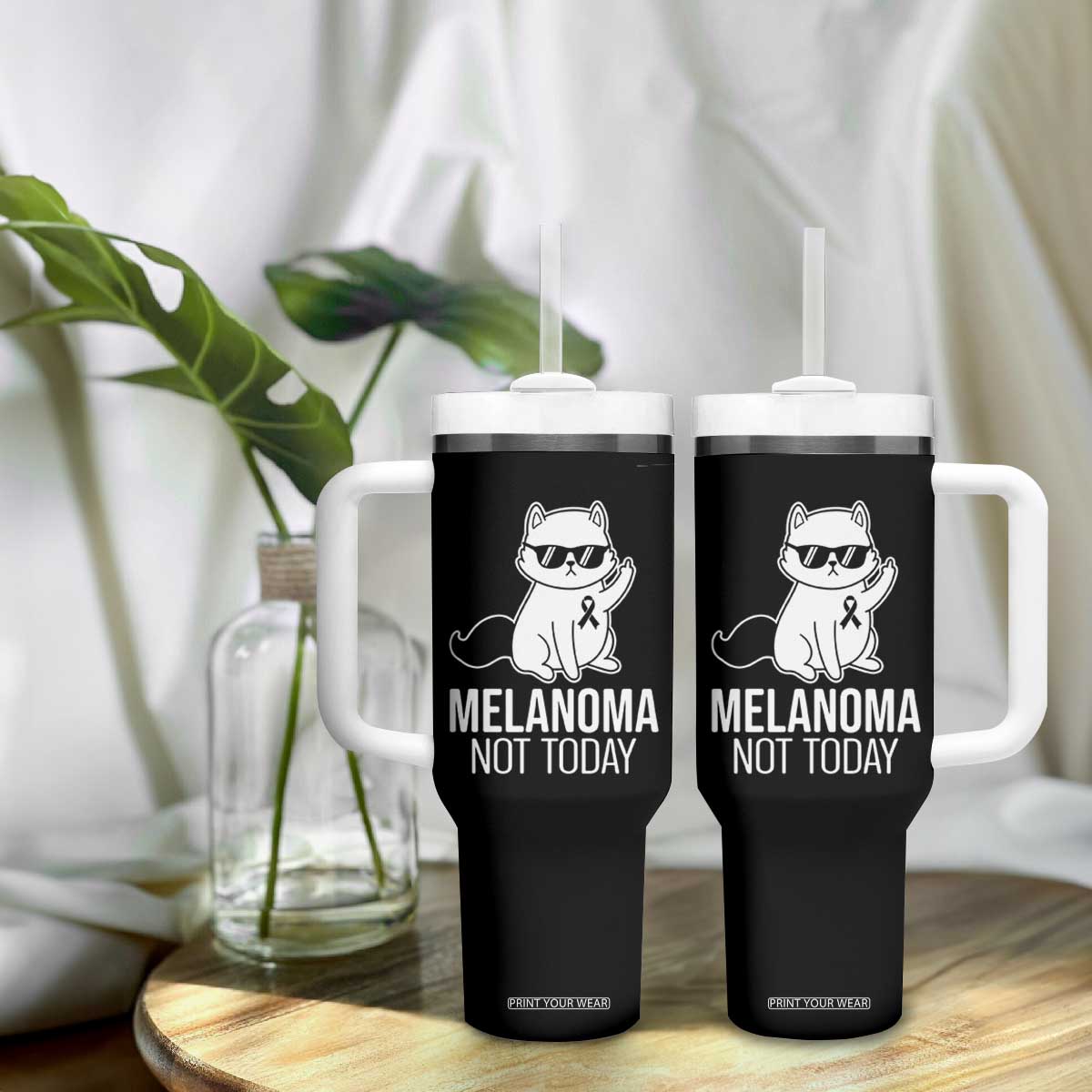 Melanoma Fighter Cat Tumbler With Handle Not Today Skin Cancer Awareness TS12 Print Your Wear
