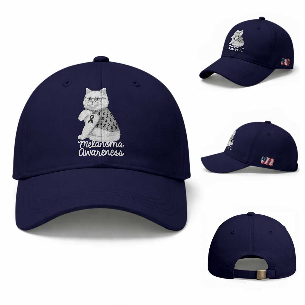 British Shorthair Skin Cancer Awareness Baseball Cap Melanoma Fighter Cat Gift TS12 Baseball Cap Universal Fit Dark Blue Print Your Wear