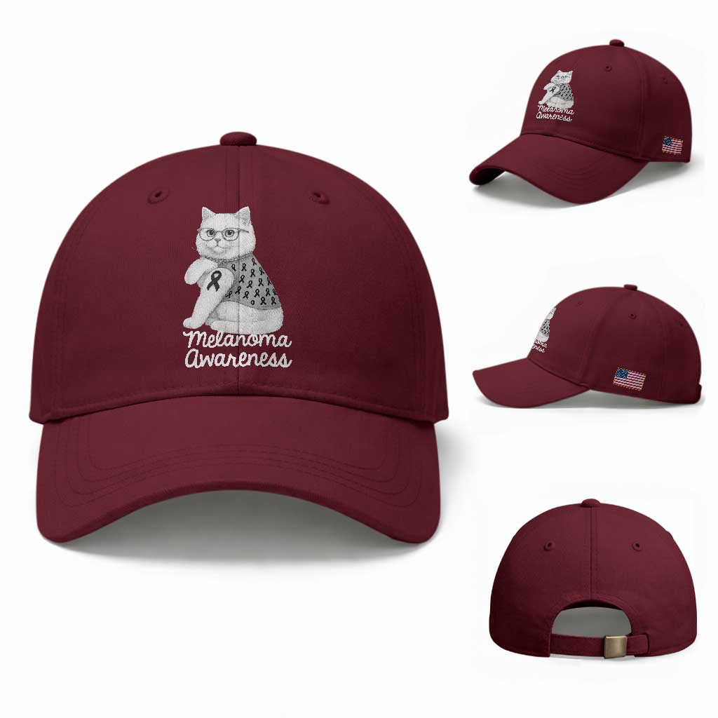 British Shorthair Skin Cancer Awareness Baseball Cap Melanoma Fighter Cat Gift TS12 Baseball Cap Universal Fit Maroon Print Your Wear