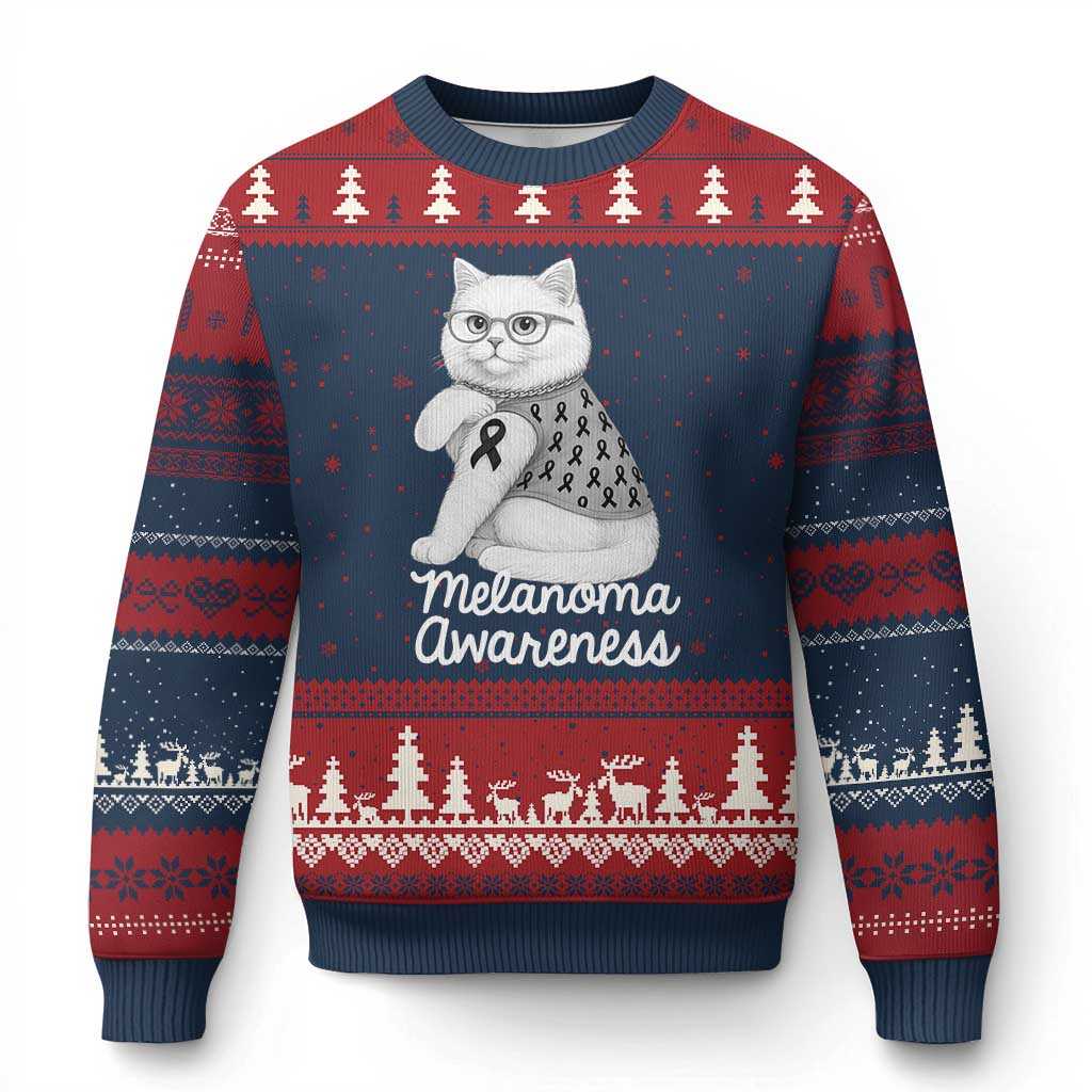 British Shorthair Skin Cancer Awareness Ugly Christmas Sweater Melanoma Fighter Cat Gift TS12 Navy Red Print Your Wear