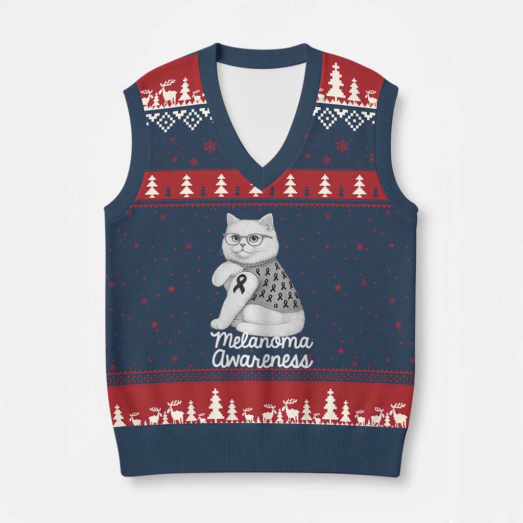 British Shorthair Skin Cancer Awareness V-Neck Knit Sweater Vest Melanoma Fighter Cat Gift TS12 Navy Red Print Your Wear