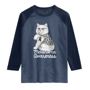British Shorthair Skin Cancer Awareness Raglan Shirt Melanoma Fighter Cat Gift TS12 Heather Denim Navy Print Your Wear