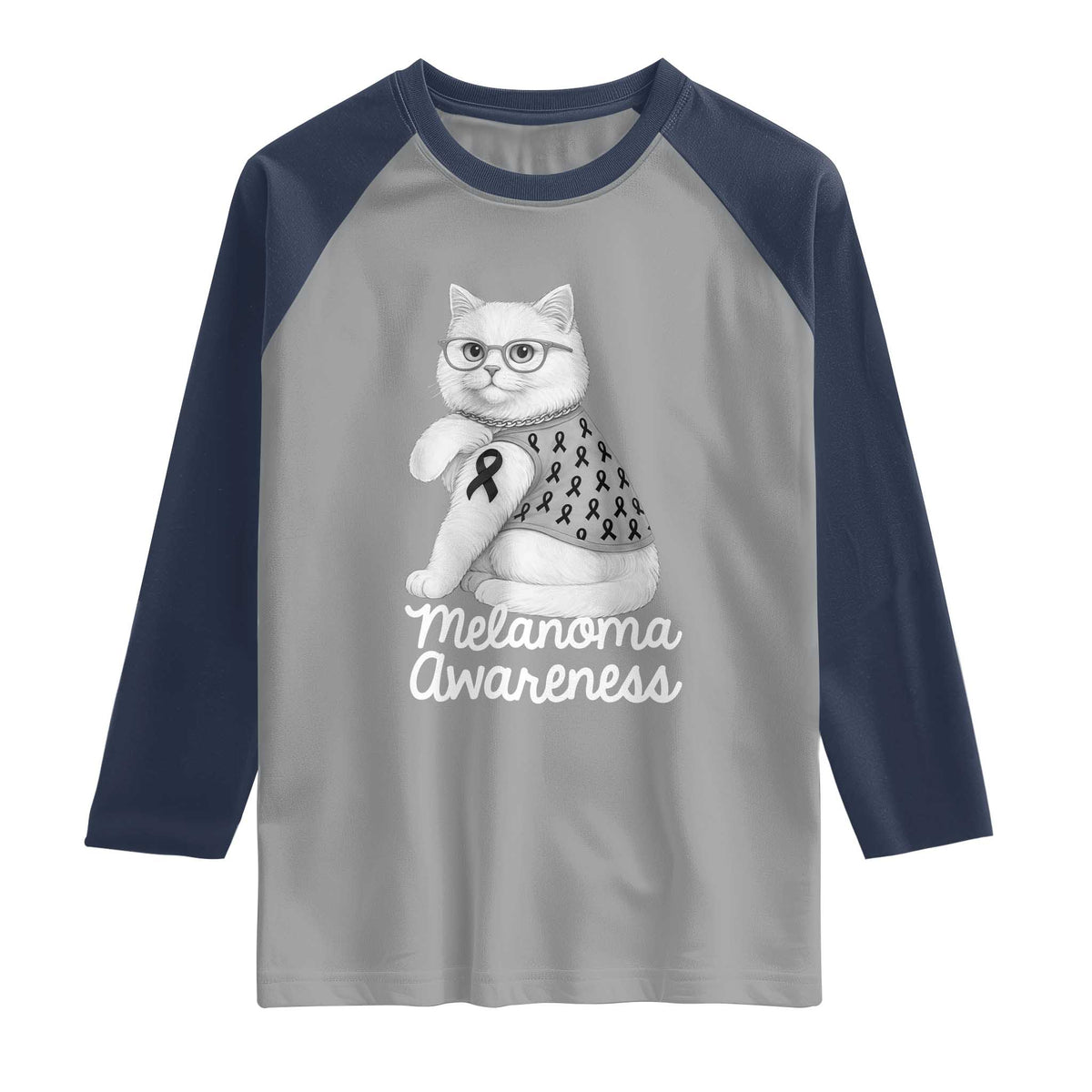 British Shorthair Skin Cancer Awareness Raglan Shirt Melanoma Fighter Cat Gift TS12 Sport Gray Navy Print Your Wear