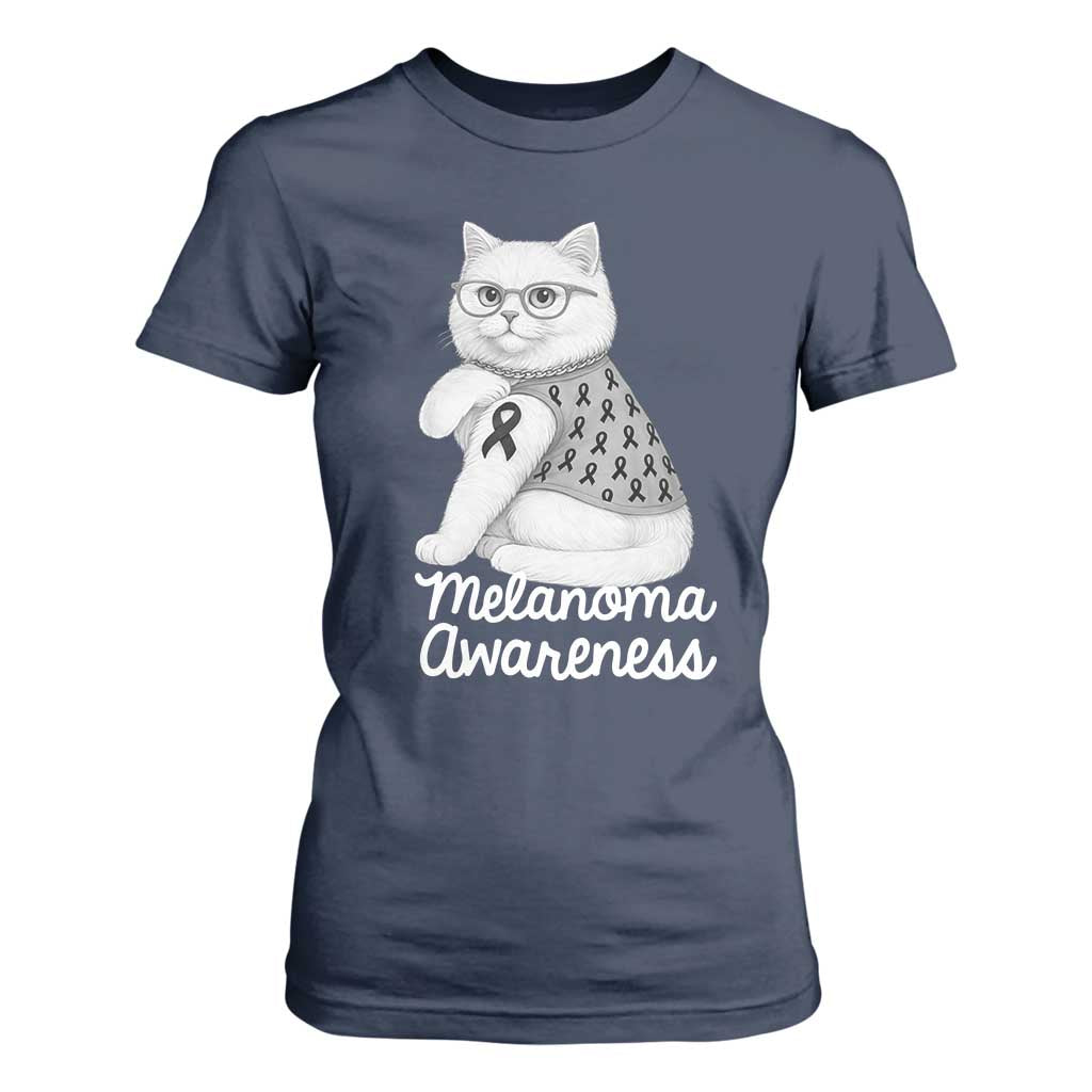 British Shorthair Skin Cancer Awareness T Shirt For Women Melanoma Fighter Cat Gift TS12 Navy Print Your Wear