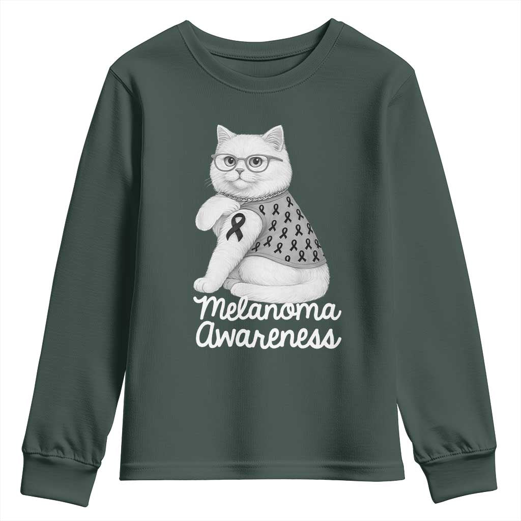 British Shorthair Skin Cancer Awareness Youth Sweatshirt Melanoma Fighter Cat Gift TS12 Dark Forest Green Print Your Wear