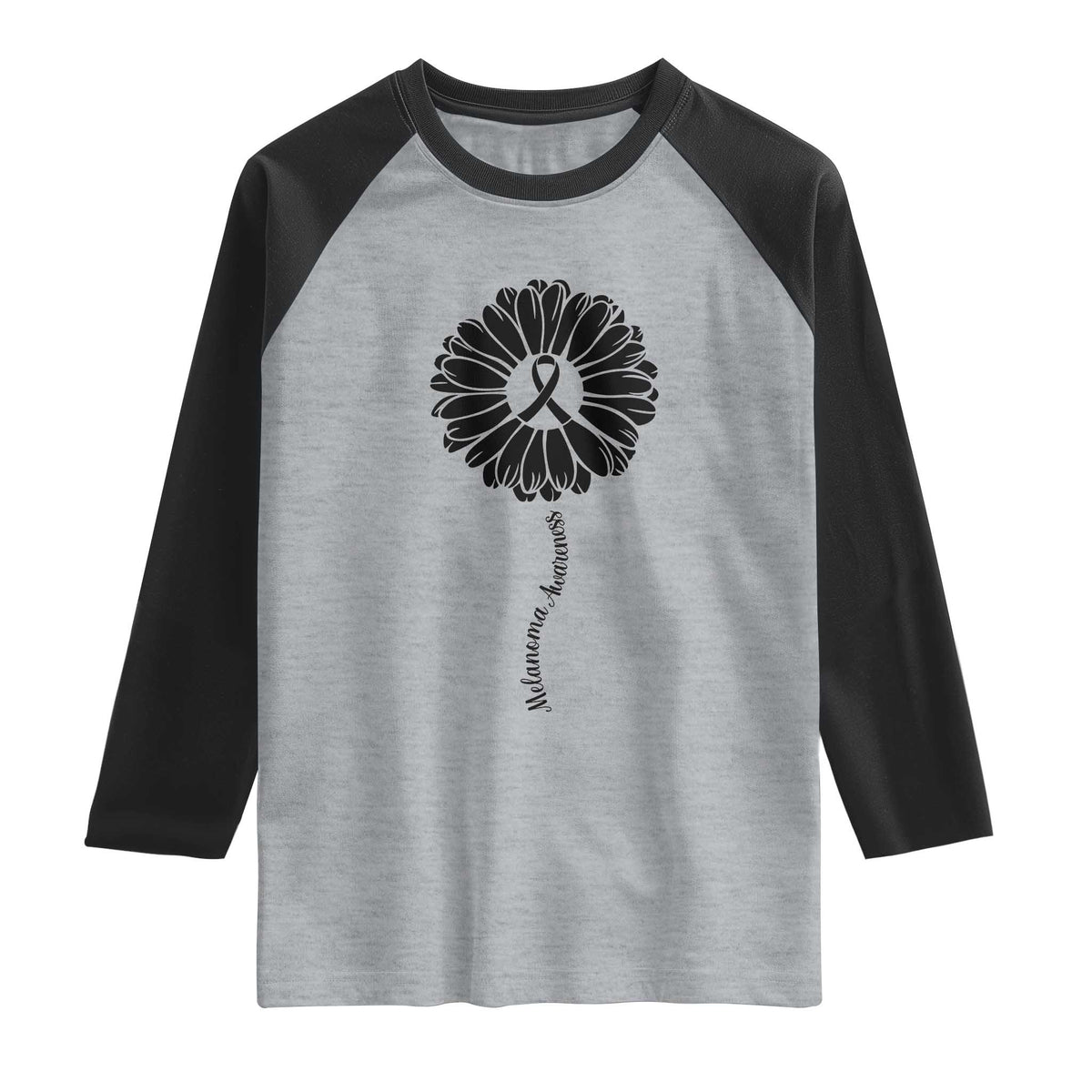 Melanoma Awareness Black Ribbon Flower Raglan Shirt Skin Cancer Fighter Gift TS12 Heather Gray Black Print Your Wear