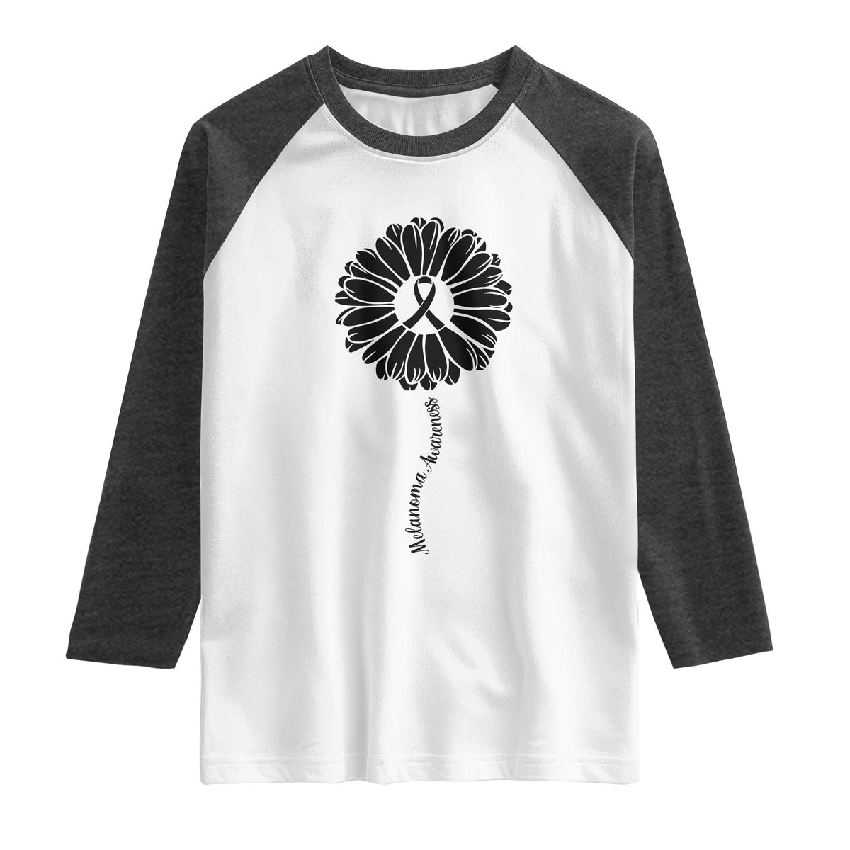 Melanoma Awareness Black Ribbon Flower Raglan Shirt Skin Cancer Fighter Gift TS12 White Heather Charcoal Print Your Wear