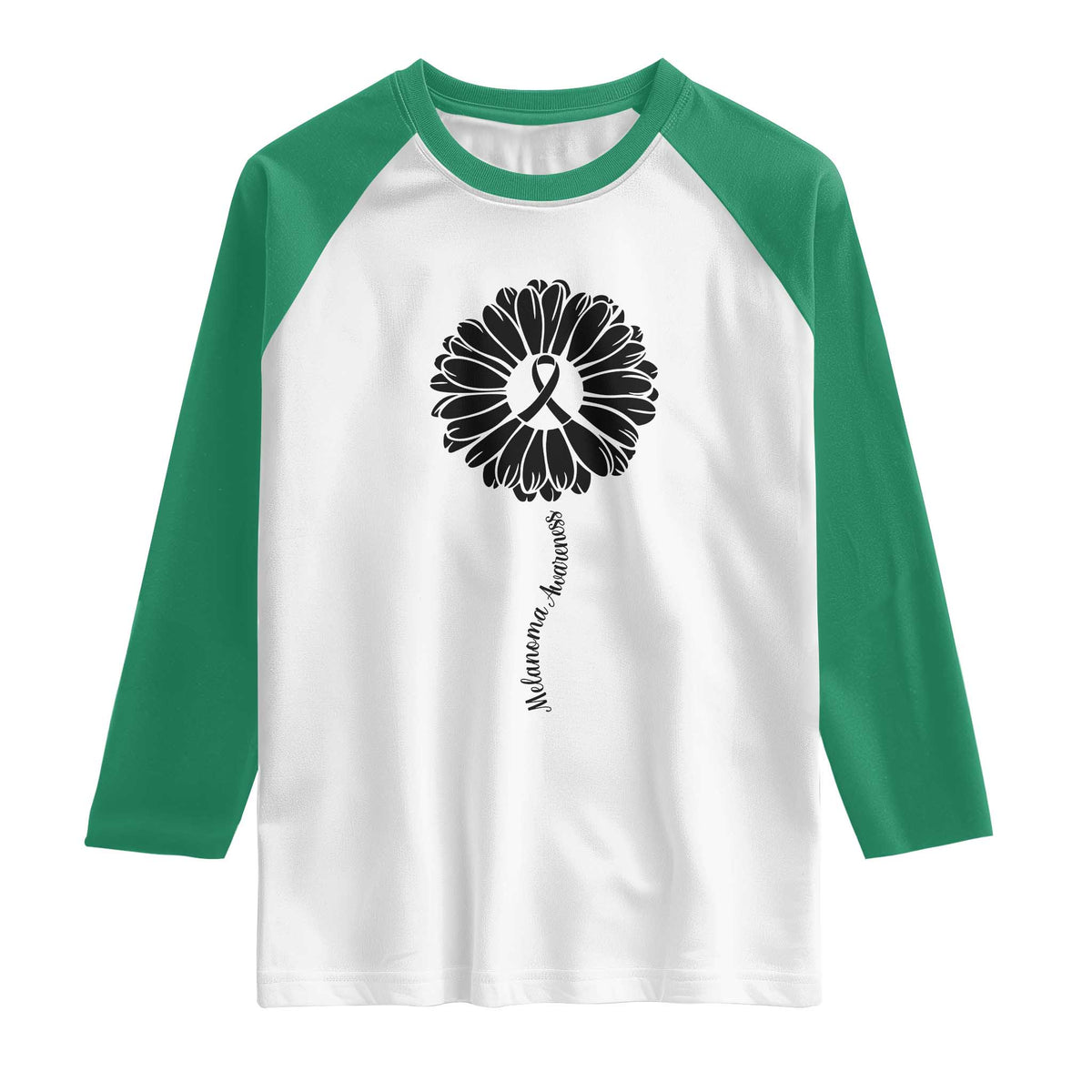 Melanoma Awareness Black Ribbon Flower Raglan Shirt Skin Cancer Fighter Gift TS12 White Kelly Green Print Your Wear