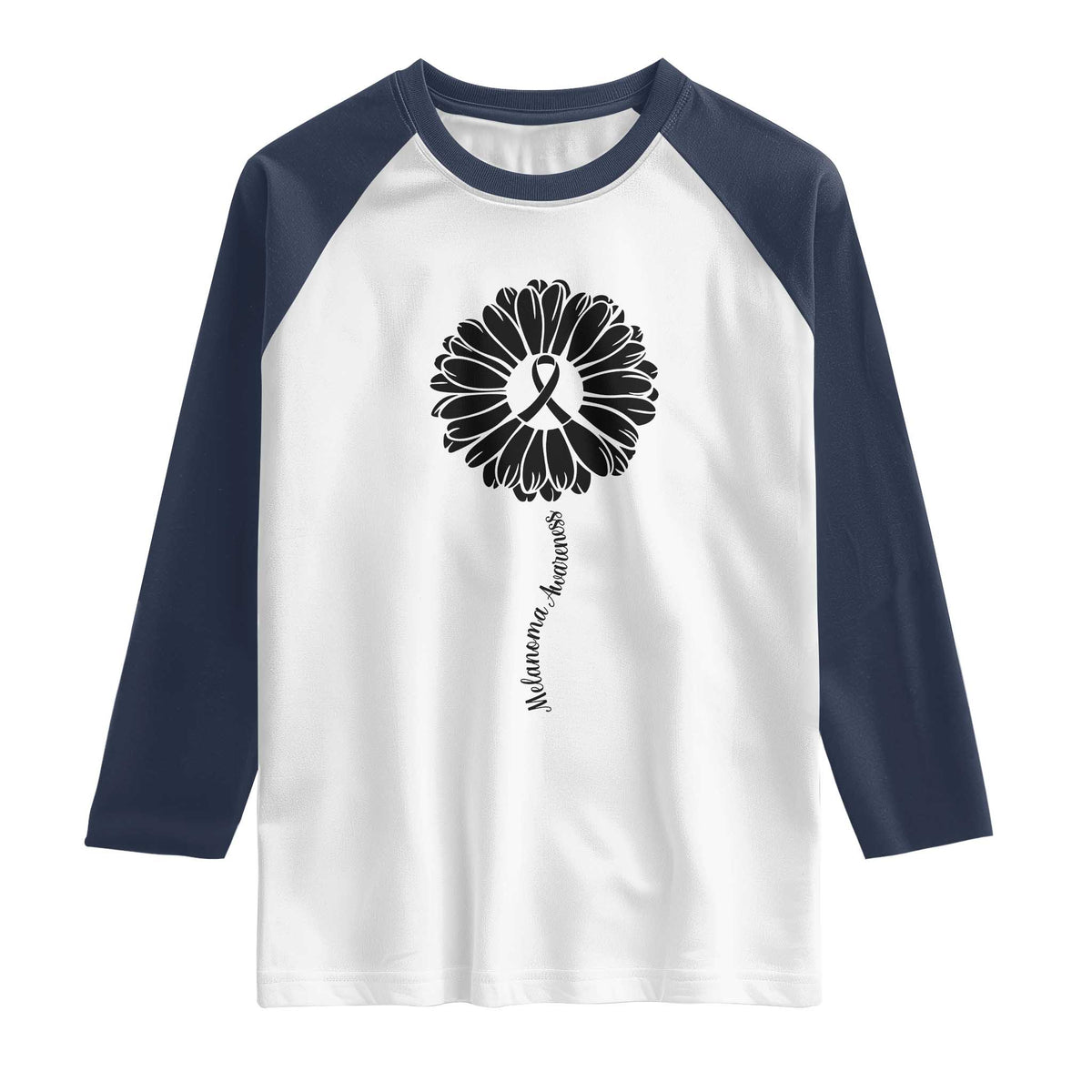 Melanoma Awareness Black Ribbon Flower Raglan Shirt Skin Cancer Fighter Gift TS12 White Navy Print Your Wear