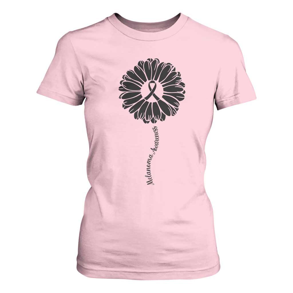 Melanoma Awareness Black Ribbon Flower T Shirt For Women Skin Cancer Fighter Gift TS12 Light Pink Print Your Wear