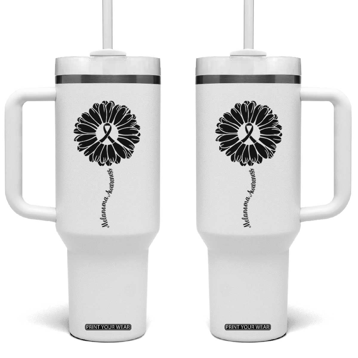 Melanoma Awareness Black Ribbon Flower Tumbler With Handle Skin Cancer Fighter Gift TS12 One Size: 40 oz White Print Your Wear