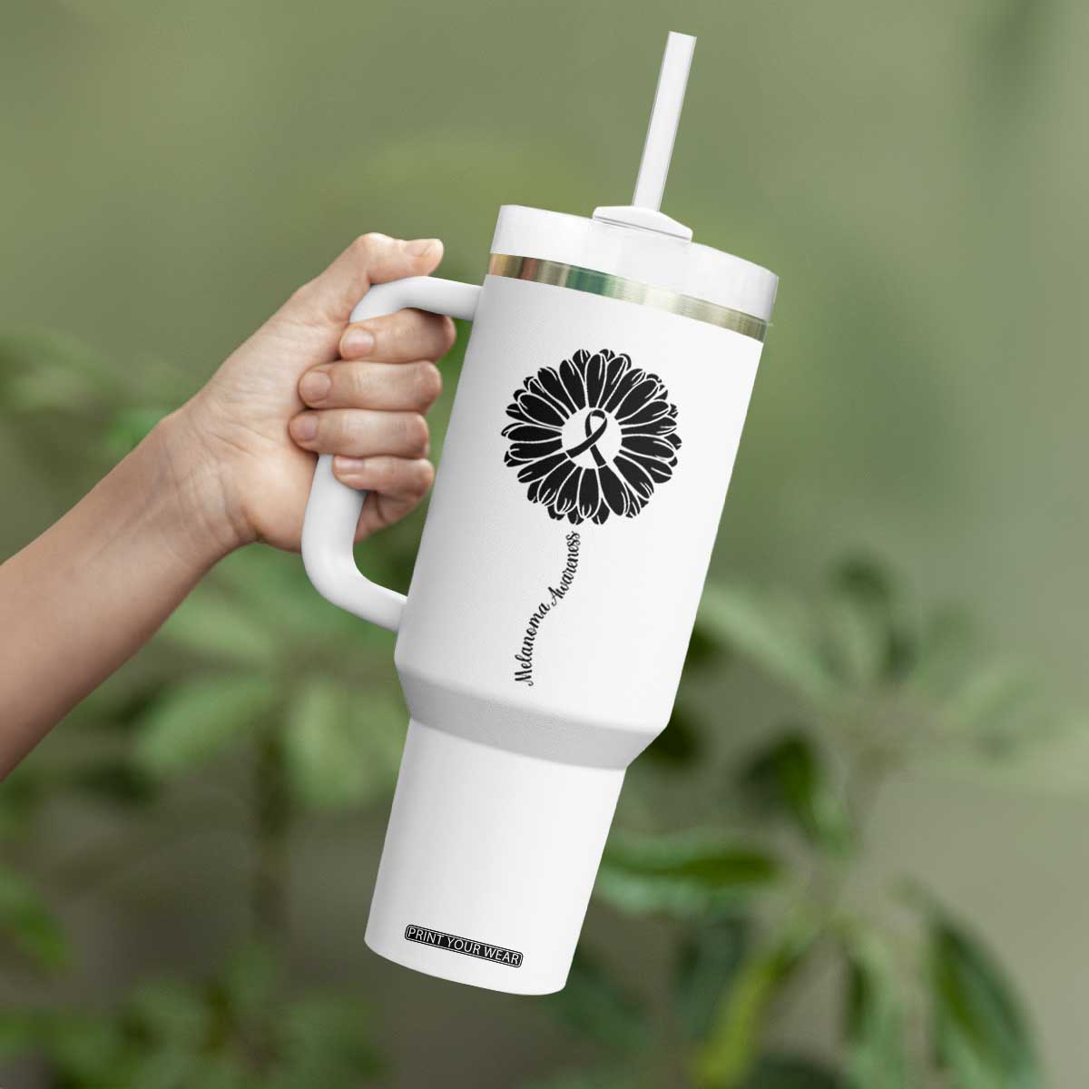 Melanoma Awareness Black Ribbon Flower Tumbler With Handle Skin Cancer Fighter Gift TS12 Print Your Wear