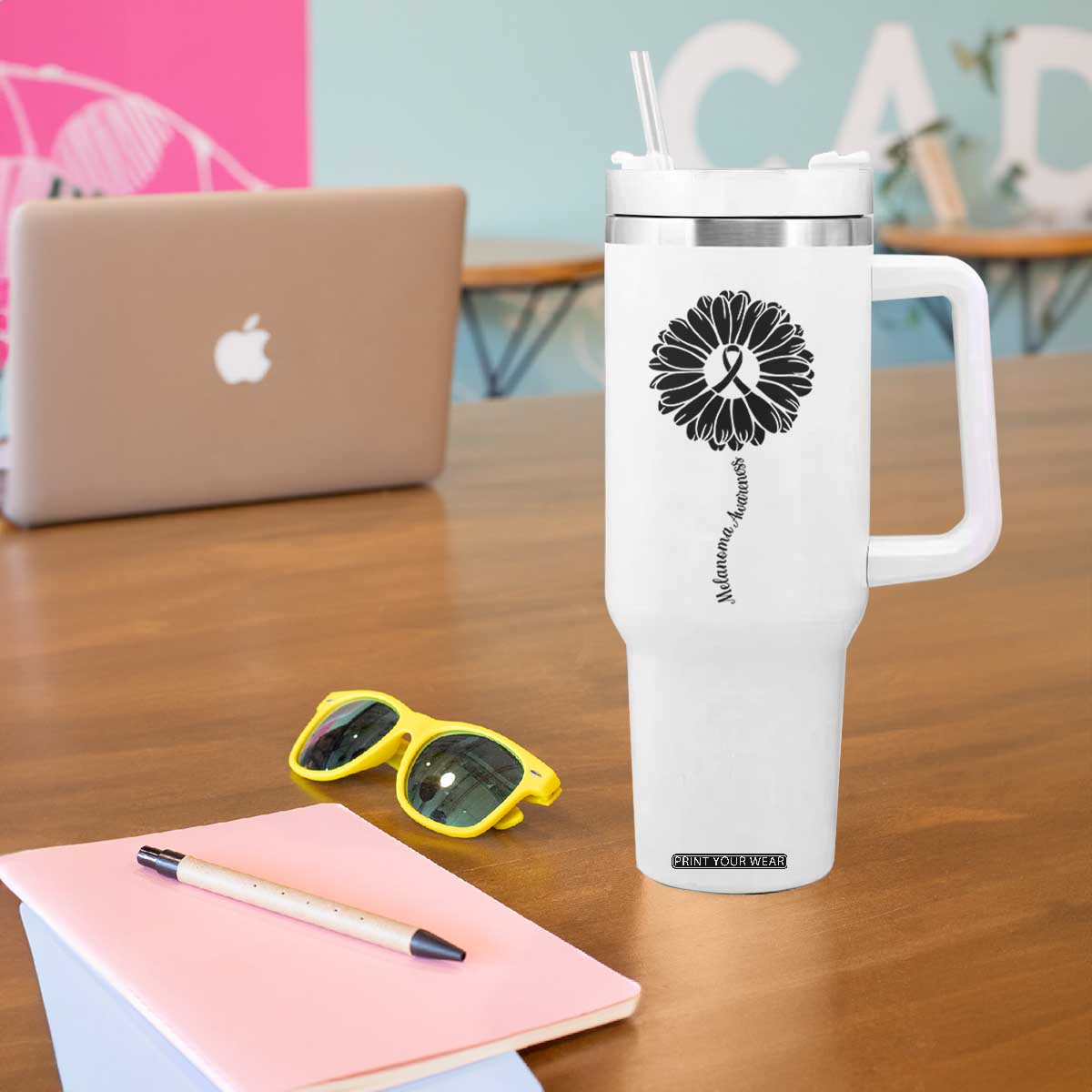 Melanoma Awareness Black Ribbon Flower Tumbler With Handle Skin Cancer Fighter Gift TS12 Print Your Wear
