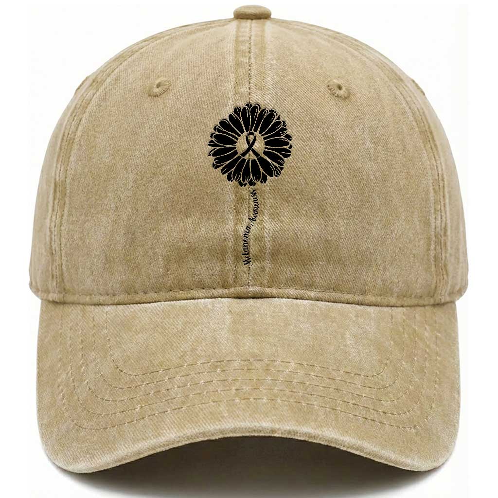 Melanoma Awareness Black Ribbon Flower Washed Cotton Baseball Cap Skin Cancer Fighter Gift TS12 Print Your Wear