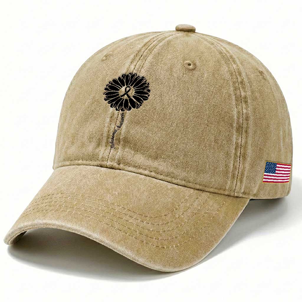 Melanoma Awareness Black Ribbon Flower Washed Cotton Baseball Cap Skin Cancer Fighter Gift TS12 Print Your Wear