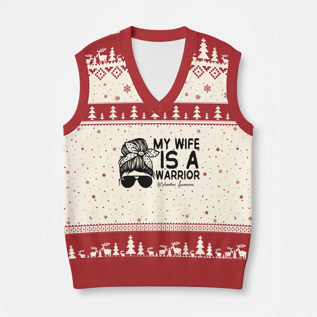 My Wife Is A Warrior V-Neck Knit Sweater Vest Melanoma Awareness Husband Gift TS12 Beige Red Print Your Wear