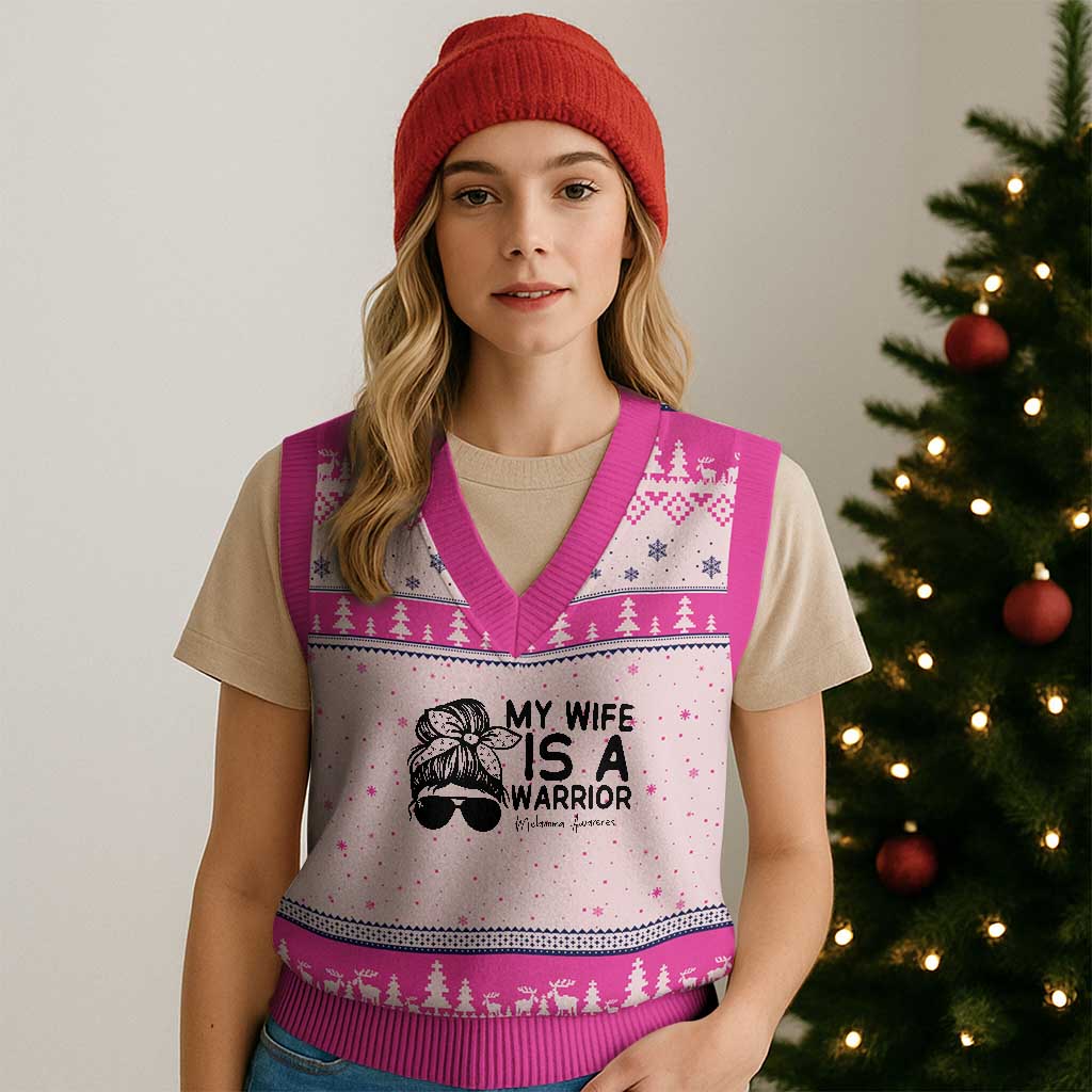 My Wife Is A Warrior V-Neck Knit Sweater Vest Melanoma Awareness Husband Gift TS12 Hot Pink Print Your Wear