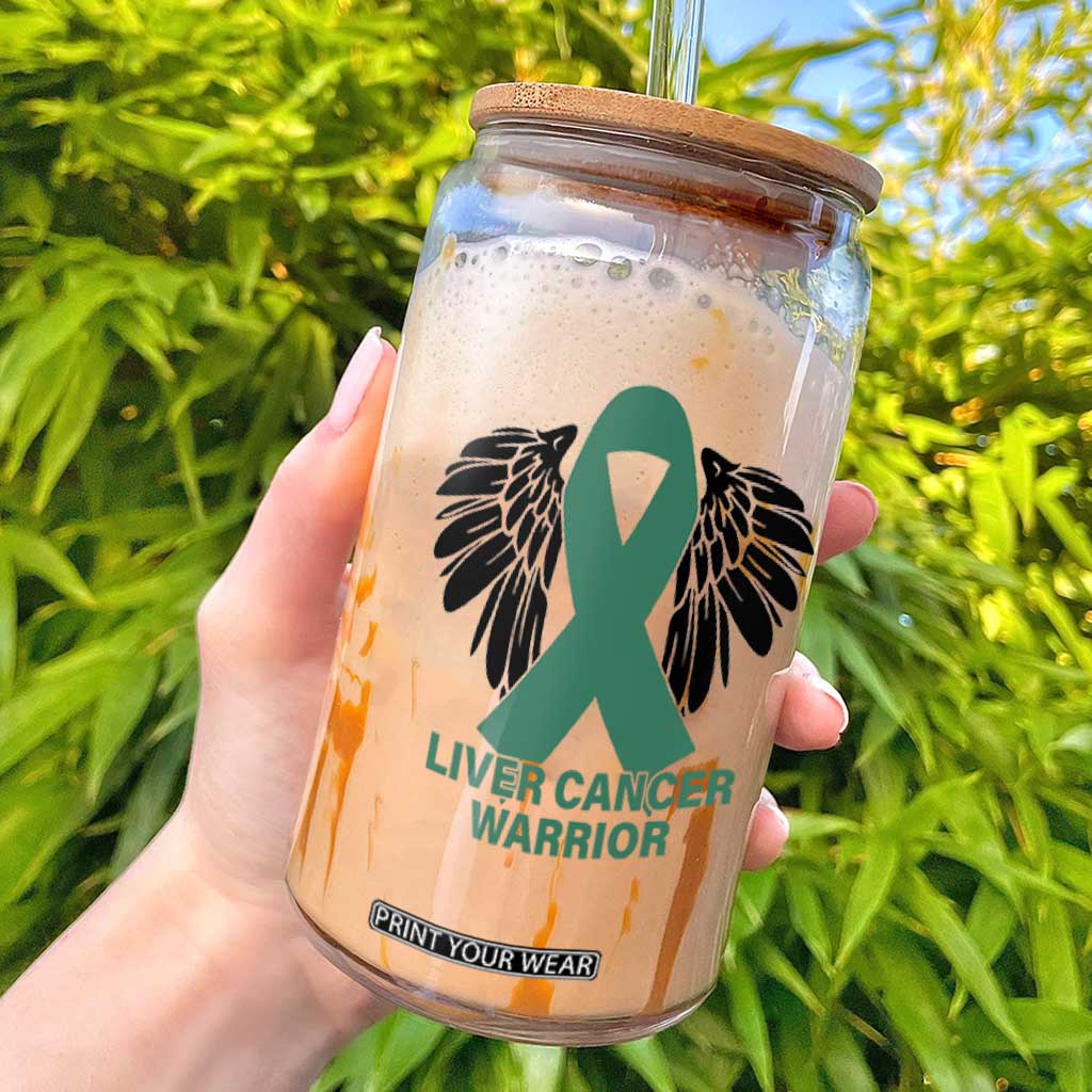 Liver Cancer Angel Warrior Wings Glass Can Green Ribbon Awareness Support Gift