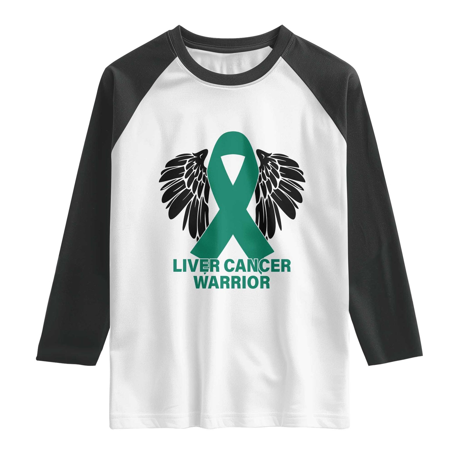 Liver Cancer Angel Warrior Wings Raglan Shirt Green Ribbon Awareness Support Gift TS12 White Black Print Your Wear
