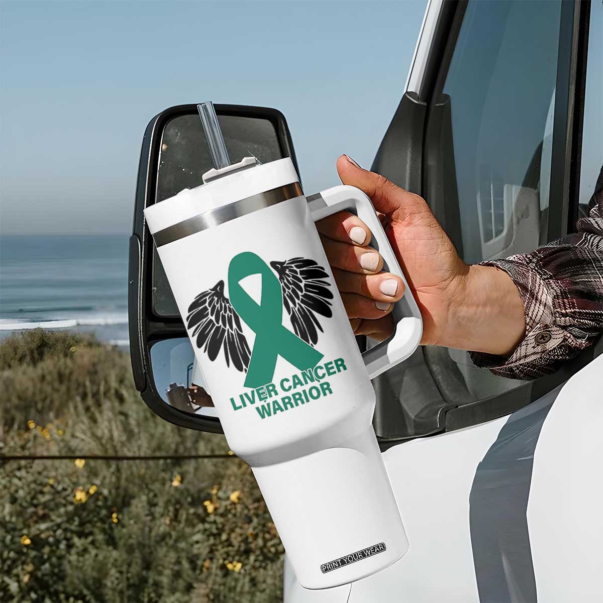 Liver Cancer Angel Warrior Wings Tumbler With Handle Green Ribbon Awareness Support Gift