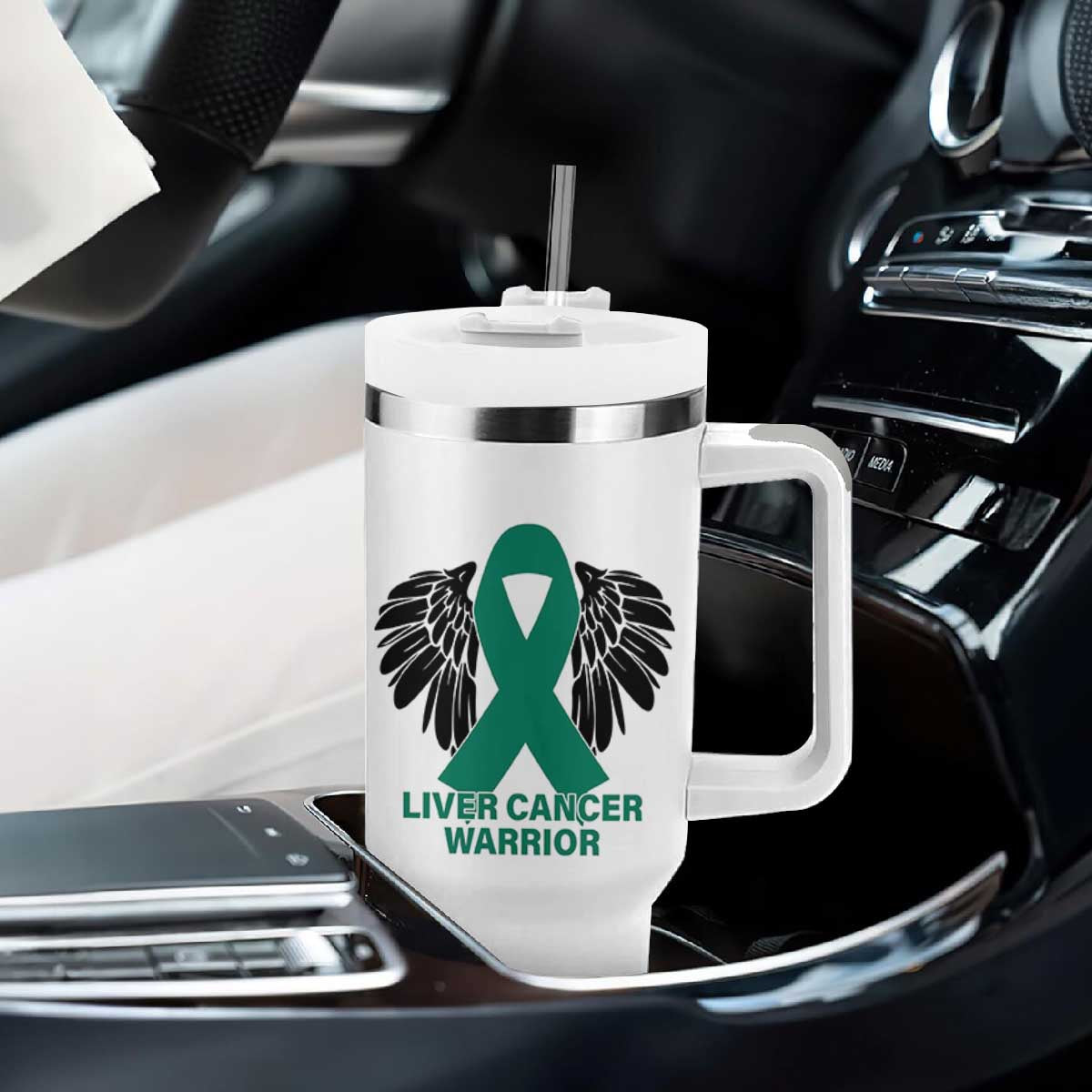 Liver Cancer Angel Warrior Wings Tumbler With Handle Green Ribbon Awareness Support Gift