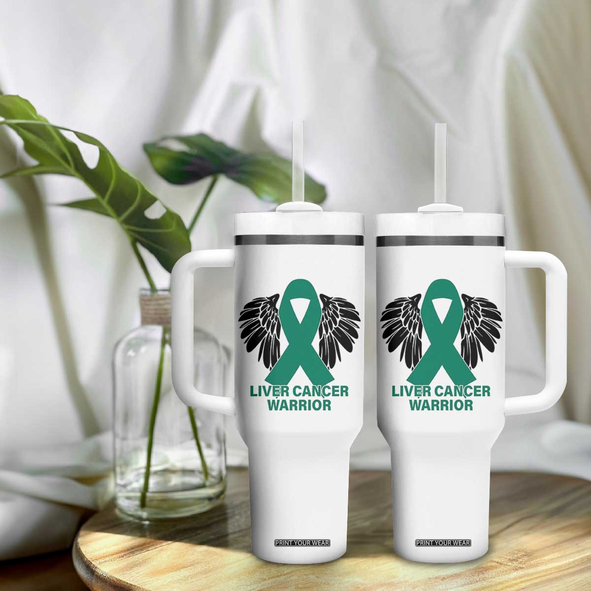 Liver Cancer Angel Warrior Wings Tumbler With Handle Green Ribbon Awareness Support Gift