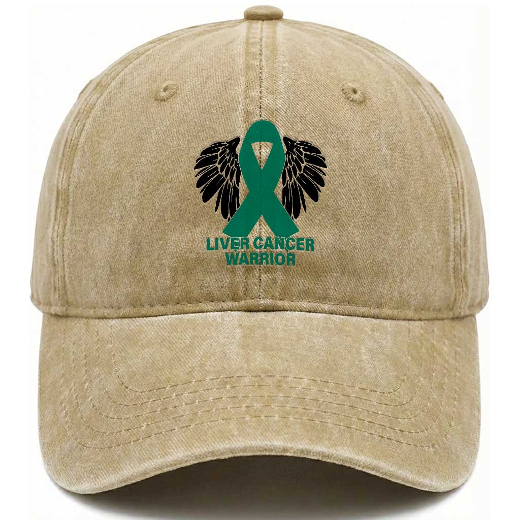 Liver Cancer Angel Warrior Wings Washed Cotton Baseball Cap Green Ribbon Awareness Support Gift