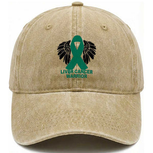 Liver Cancer Angel Warrior Wings Washed Cotton Baseball Cap Green Ribbon Awareness Support Gift
