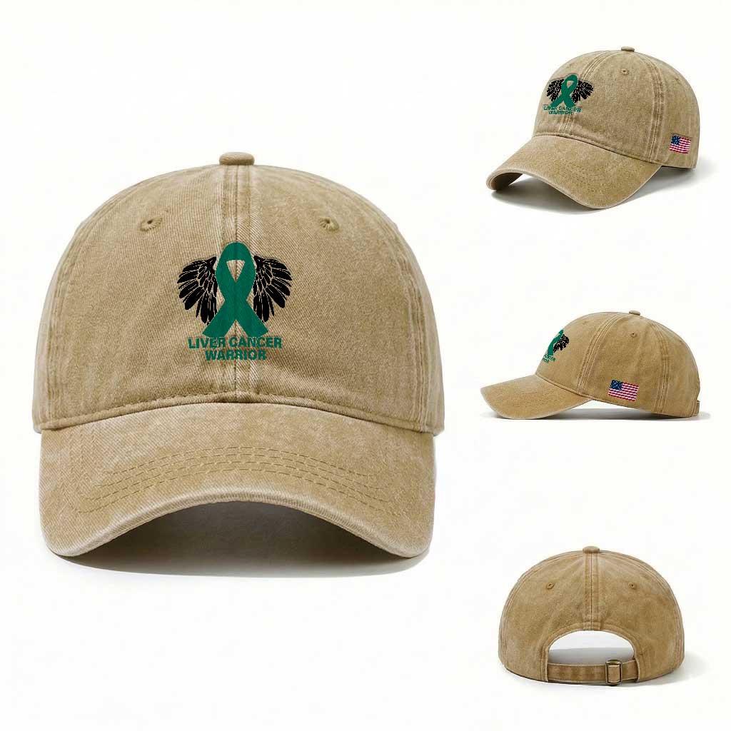 Liver Cancer Angel Warrior Wings Washed Cotton Baseball Cap Green Ribbon Awareness Support Gift