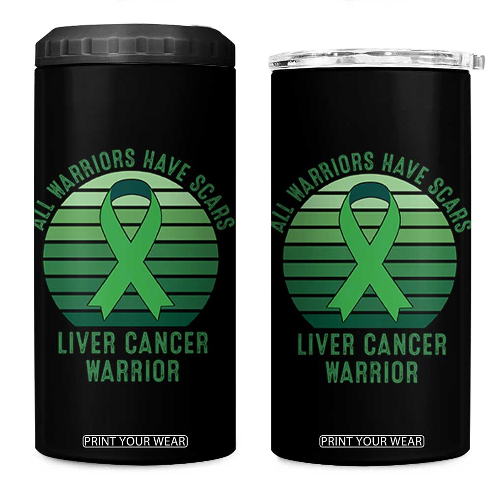 All Warriors Have Scars Liver Cancer 4 in 1 Can Cooler Tumbler Green Ribbon Survivor Fighter Gift