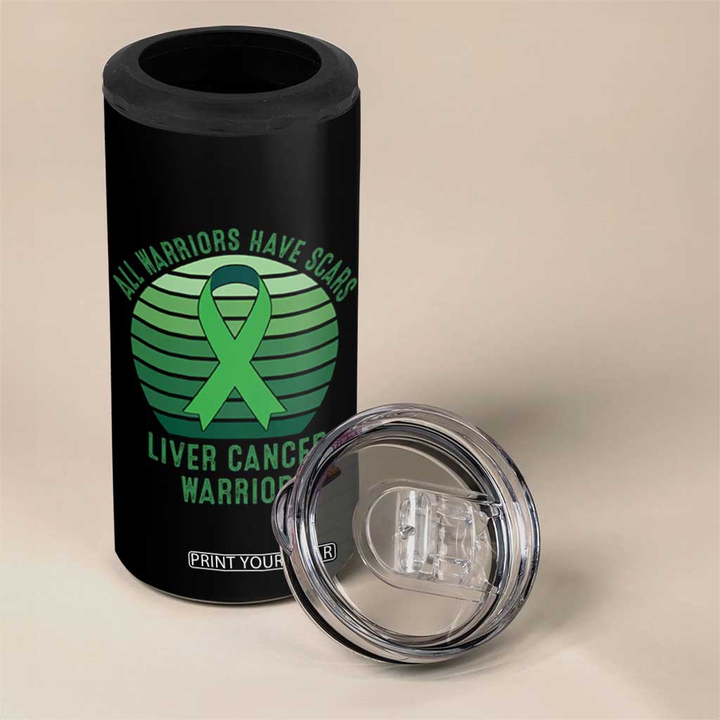 All Warriors Have Scars Liver Cancer 4 in 1 Can Cooler Tumbler Green Ribbon Survivor Fighter Gift