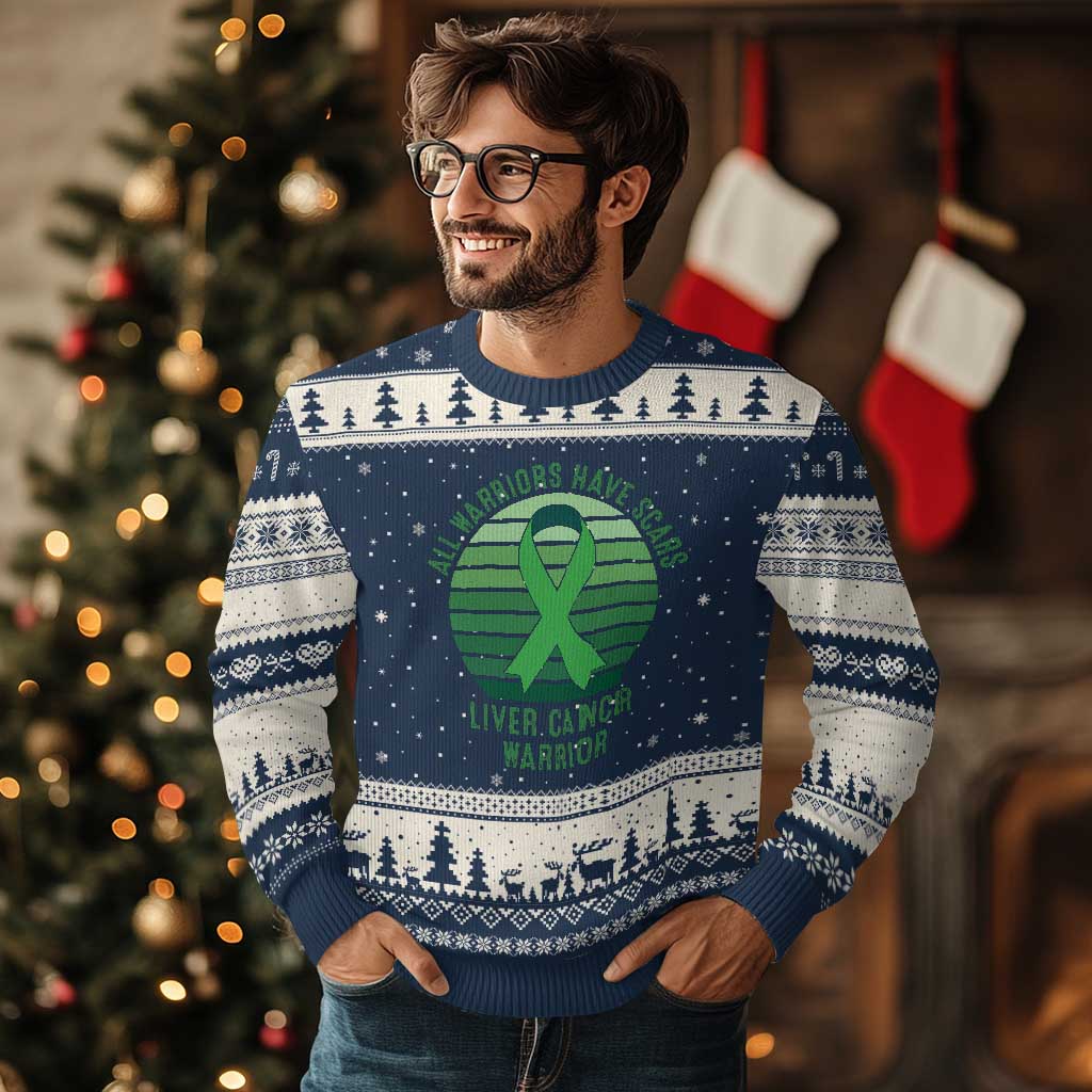 All Warriors Have Scars Liver Cancer Ugly Christmas Sweater Green Ribbon Survivor Fighter Gift