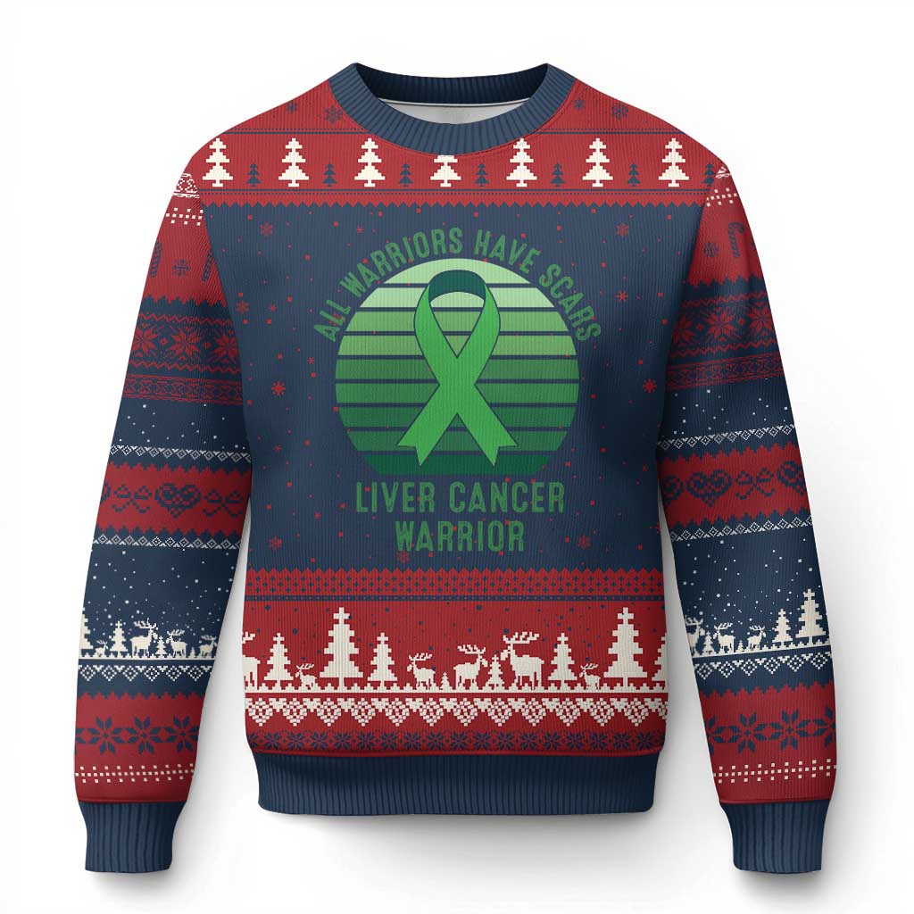 All Warriors Have Scars Liver Cancer Ugly Christmas Sweater Green Ribbon Survivor Fighter Gift TS12 Navy Red Print Your Wear