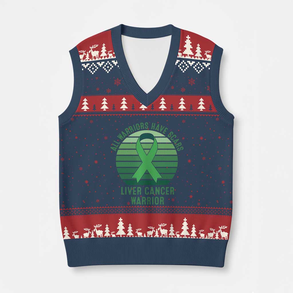 All Warriors Have Scars Liver Cancer V-Neck Knit Sweater Vest Green Ribbon Survivor Fighter Gift