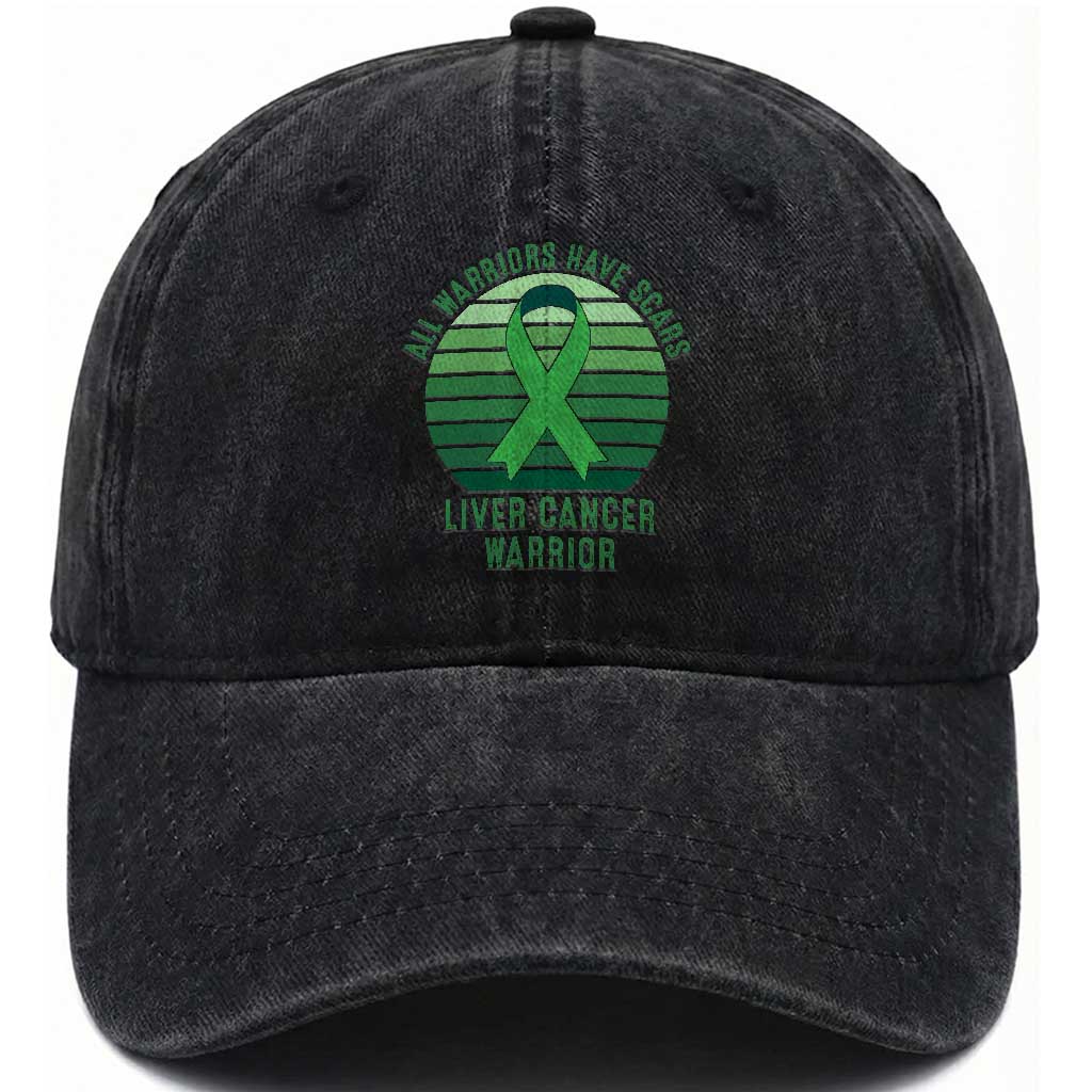 All Warriors Have Scars Liver Cancer Washed Cotton Baseball Cap Green Ribbon Survivor Fighter Gift