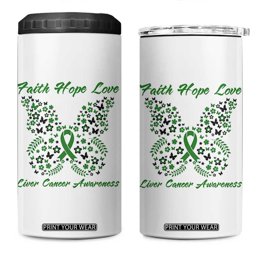 Faith Hope Love Liver Cancer Awareness 4 in 1 Can Cooler Tumbler Butterfly Ribbon Floral Gift
