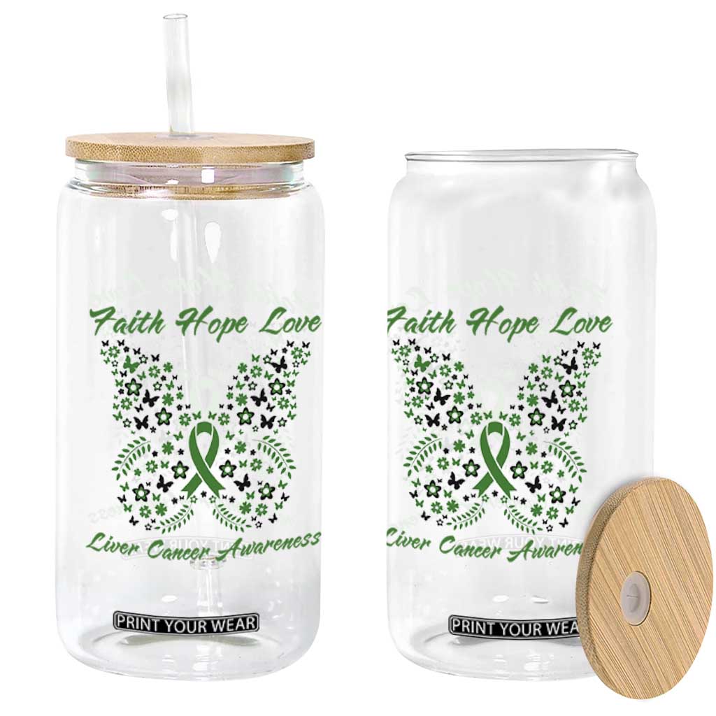Faith Hope Love Liver Cancer Awareness Glass Can Butterfly Ribbon Floral Gift