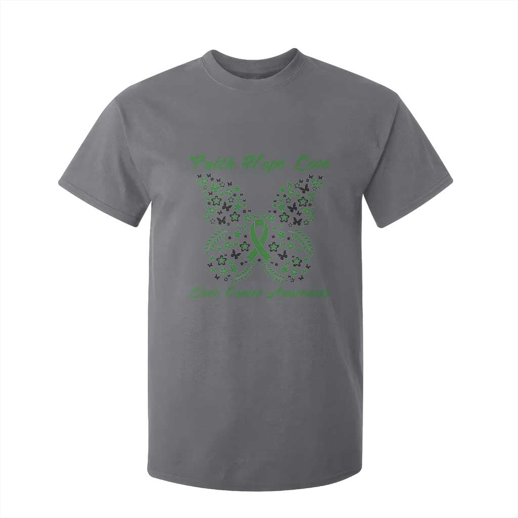 Faith Hope Love Liver Cancer Awareness T Shirt For Kid Butterfly Ribbon Floral Gift