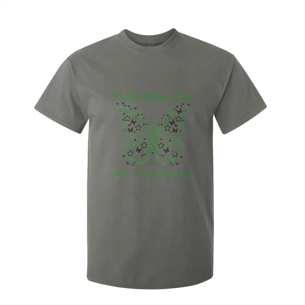 Faith Hope Love Liver Cancer Awareness T Shirt For Kid Butterfly Ribbon Floral Gift