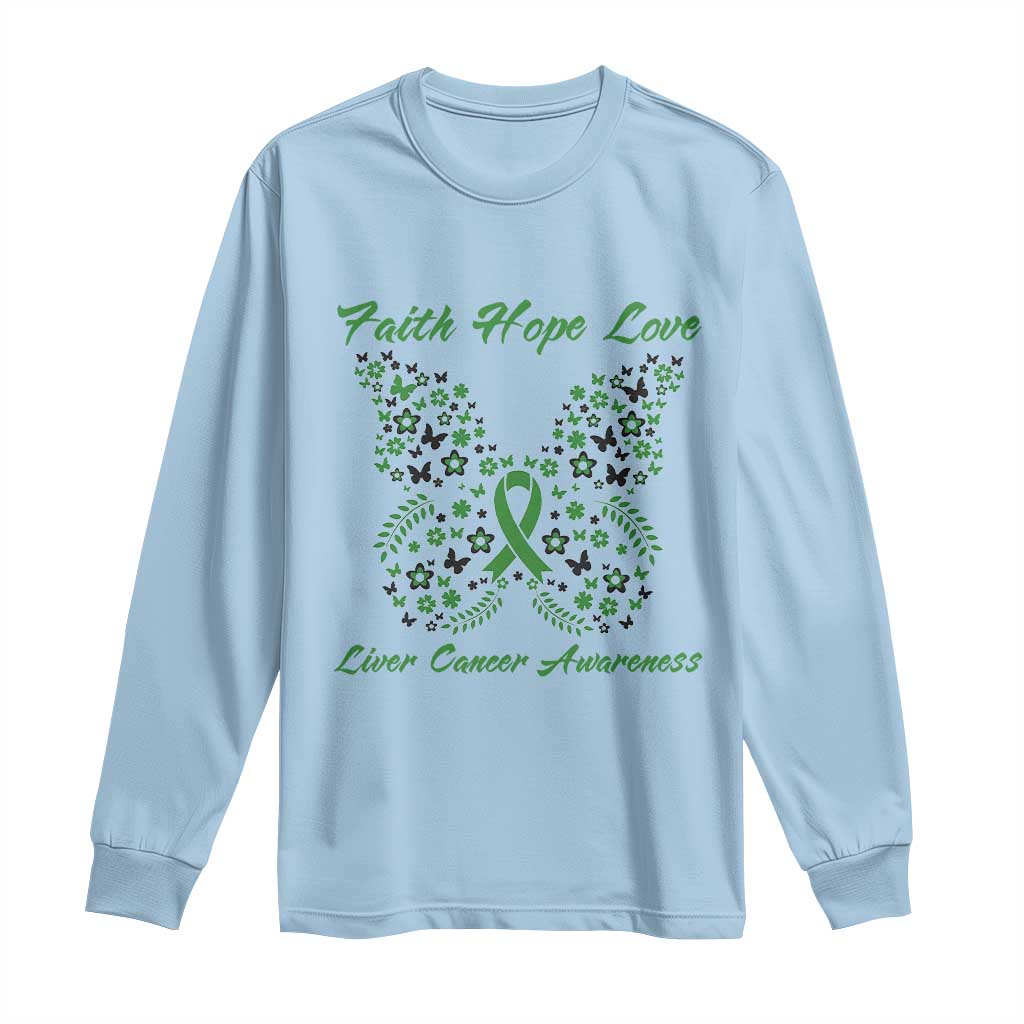 Faith Hope Love Liver Cancer Awareness Long Sleeve Shirt Butterfly Ribbon Floral Gift