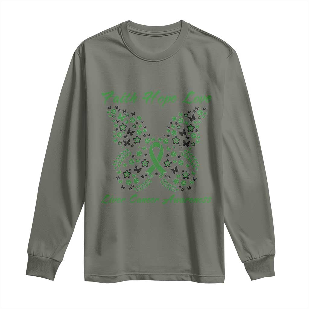 Faith Hope Love Liver Cancer Awareness Long Sleeve Shirt Butterfly Ribbon Floral Gift