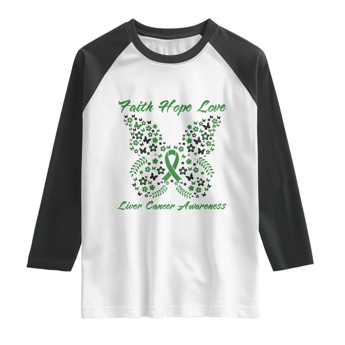 Faith Hope Love Liver Cancer Awareness Raglan Shirt Butterfly Ribbon Floral Gift